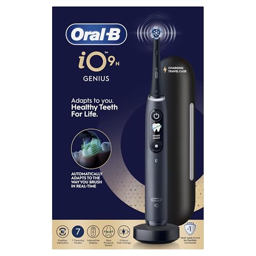 Oral-B Brosse A Dents Electrique iO 9 Noire, 7 Modes De Brossage Dont Blancheur Et Soin Des Gencives, 16 Zones De Nettoyage, Ecran Interactif, 2 Brossettes Oral B De Rechange, Etui De Voyage