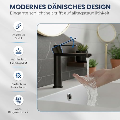 Robinet de lavabo 17,3 cm Tarnby noir mat contre les traces et calcaire