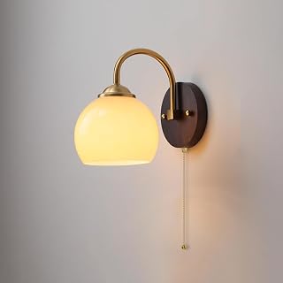 Plug in Milk Glass Wall Sconce Vintage Gold Mid Century Wood Farmhouse Pull Chain Rustic Wall Lamp for Bedside Kitchen Hallway(Pull Chain)