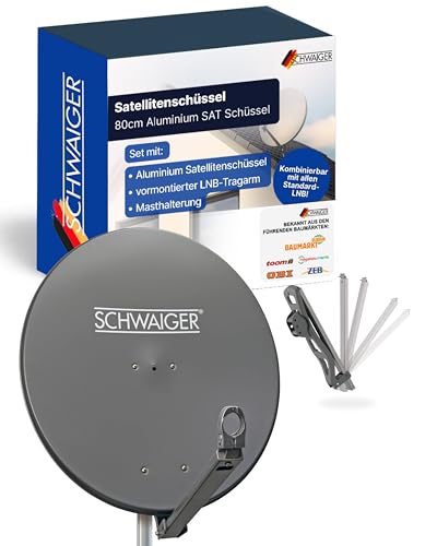 SCHWAIGER Satellitenschüssel I Ø 80 cm Aluminium Offset Antenne in anthrazit I Multifeed geeignet & wetterfest I SAT Schüssel mit LNB Tragarm & Masthalterung I maximale Empfangsleistung 38,5dB
