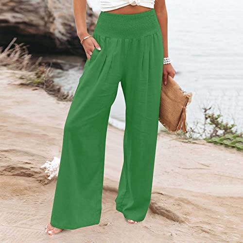 Womens Elastic High Waisted Cotton Linen Palazzo Pants Summer Casual Wide Leg Long Lounge Flowy Pant Beach Trousers2
