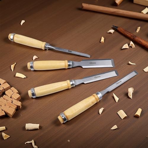 QUTHZZHY 4 tlg. Stechbeitel Set für Holz, Scharfes Stecheisen Set, Verschiedene Breiten 6/12/18/24mm, Professionelle Stechbeitel, mit Ergonomischem Griff und Schlagkappe, Holzwerkzeug
