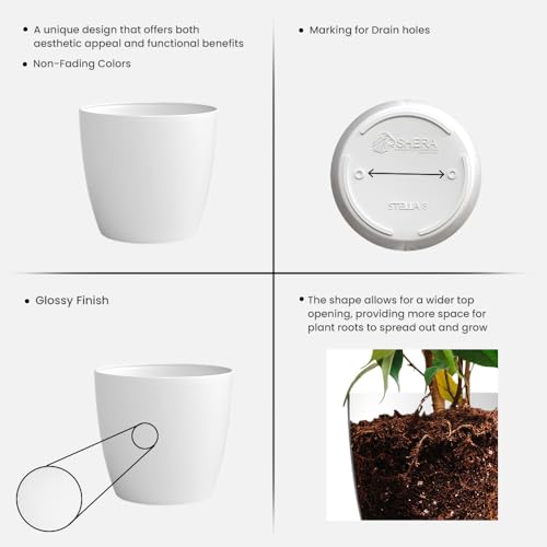 Image of YUCCABE ITALIA SHERA Stella 8 Inch Plastic Plant Pot for Home Decor Indoor Plant Pots for Living Room Plastic Flower Pot for Garden (White, 8 INCH - 6 Pcs)