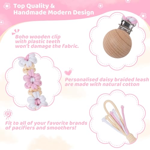 Image of Pacifier Clip for Boys Girls Floral Daisy Macrame Baby Paci Clip Pacifier Holder Leash Boho Wooden Clips Handmade Braided Cotton Binky Clips (2pack:Pink Daisy & Lavender Style B)