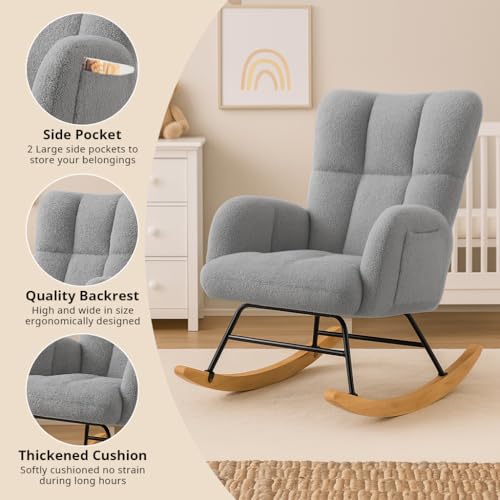 COMHOMA Nursery Rocking Chair, Teddy Upholstered Glider Rocking Chair with Side Pockets, Accent Chair with High Backrest Reading Chair for Adult, Nursery, Bedroom, Living Room,Offices(Grey) by COMHOMA - Image 6