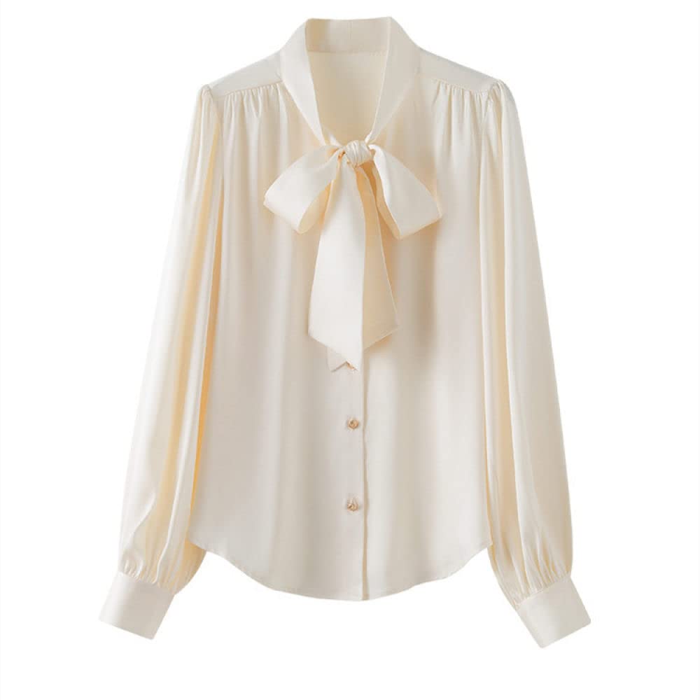 Hemd Damen,Damen Langarmhemden Beige Einfarbig Stehkragen Fliege Knopf Klassische Blusen Frühling Herbst Lässige Strickjacke Mantel Arbeitsoberteile Stilvolle Lose Hemden