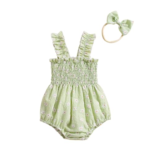 Newborn Baby Girl Clothes Floral Bunny Print Smocked Sleeveless Romper Summer Bodysuit Cute Baby Easter Outfit