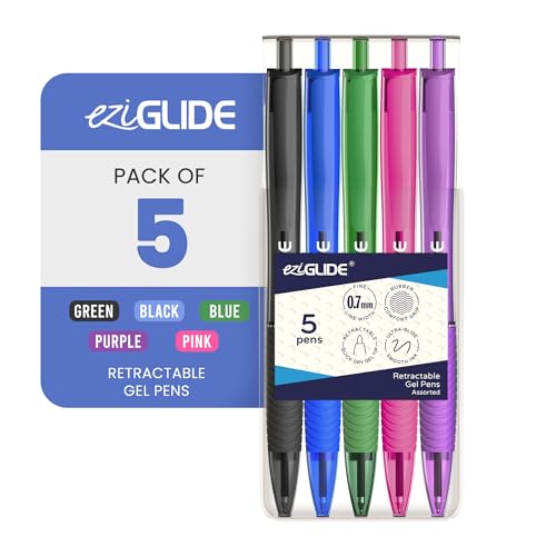 Image of Eziglide Assorted Retractable Gel Pens, Pack of 5 Pens Black, Blue, Green, Purple & Pink Ink, Smooth Tip Writing Pens, Gel Pens for Writing, Drawing & Sketching, Great for Office, School & Home