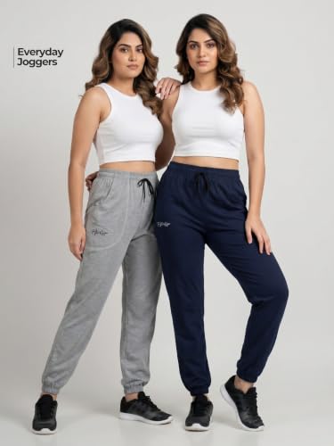Image of Fflirtygo Cotton Solid Joggers /Track Pant /Solid Pajama /Leggings �100% Export Quality Soft Cotton Night Wear /Pocket Pyjama for Women Combo Pack of 2Pcs, Blue and Grey