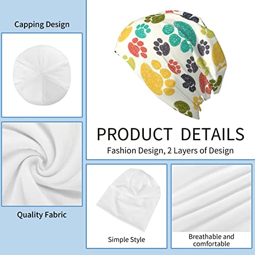 Cute Colorful Hand Drawn Doodle Dog Paw Slouchy Cool Beanies Skull Caps For Women Men Running Hat Soft Night Caps For Sleeping Chemo Headwear Winter Summer Warm Hat #TOP7