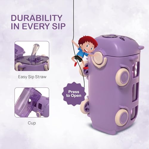 Image of PLUSPOINT Bus Water Bottle for Kids Detachable Straw Water Cup with Shoulder Strap Leak-Proof Kids Drink Cup Cute Cartoon Water Jug Toy with Wheels Toddler Bus Bottle for Boys and Girls