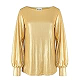 PESION Womens Sexy Metallic Shiny Tops Balloon Long Sleeve Shirts Blouse Clubwear, Metallic Gold, Medium