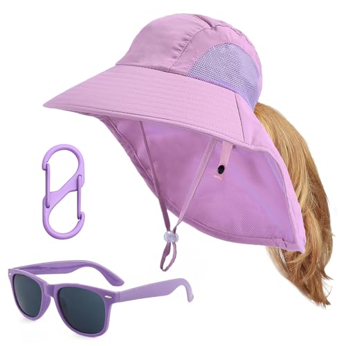 Kids Sun Hats Sunglasses Hat Clip Set Boys Girls Wide Brim Summer Hat with Neck Flap Beach Cap with Ponytail Hole