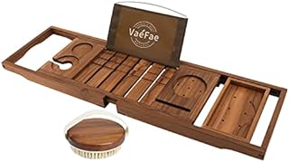 Teak Bath Tray, Expandable Bamboo Bath Caddy with Ipad & Phone Holder, Wine Glass, Book, Tablet, Extendable /Adjustable Bridge Luxury Wood Bathtub Caddy Tray, Bathtub Tray- A Free Teak Body Brush