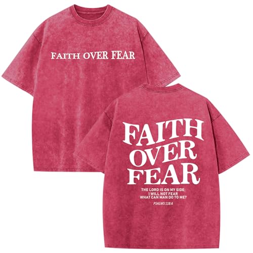 Image of Christian Faith Over Fear Shirt for Men Jesus Religious Shirts Oversized Graphic Tees Acid Wash God T-Shirt