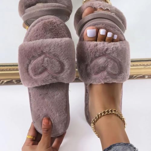 Heart Embroidered Fluffy Slippers, Soft Plush Lining Bedroom Slippers, Comfort Wide Band Cute Warm Footwear Slip On Slides for Fall & Winter for Back To School Gifts, Fall Freshness Indoor Shoes2