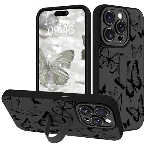 Image of for iPhone 12 Pro Max Case with Finger Strap Holder, Cute Cool Butterfly Print Pattern Design for Women Men, Shockproof Anti Scratch Hand Kickstand Protective Cover, Gray