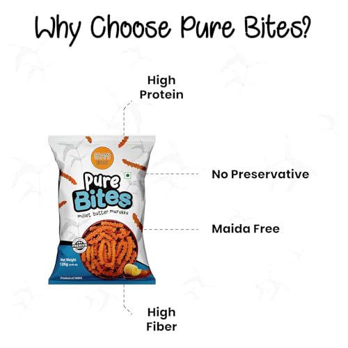 Image of Grami Superfoods Pure Bites Millet Butter Murukku / Chakli - 125g | Healthy Indian Snacks | Millet Snacks | No Maida | No Preservative | High Protein & Fiber Snack | Low GI | Healthy Namkeen for Kids & Adults | Weight Loss Namkeen | Sugar Free | Diabetic Friendly Namkeen