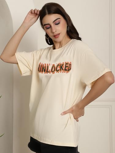Image of Fabflee Oversized Cotton Baggy Drop Shoulder Graphic Tee with Half Sleeves | Korean Casual Loose T-Shirt for Women