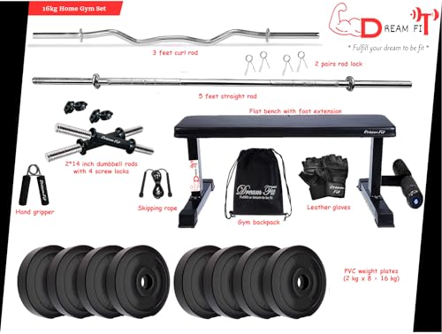 Image of DREAM FIT PVC Home Gym Set - 16 kg with 1 Flat Bench with Foot Extension, 3 ft Curling Rod, 5 ft Straight Rod, 1 Pair Dumbbell rods and Gym Accessories (16kg)