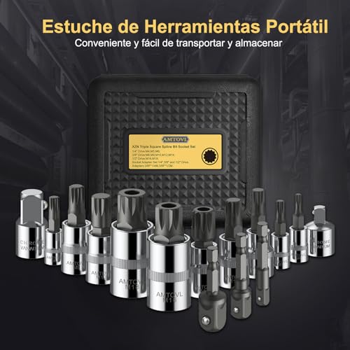 Miniatura 8 de Amtovl Juego De Llaves De Vaso Xzn Triple Square Spline 15pcs Juego De Llaves De Vaso Con Juego De Adaptador Y Reductor Juego De Adaptadores De Llave De Vaso Con Extensión Bits M4-M18