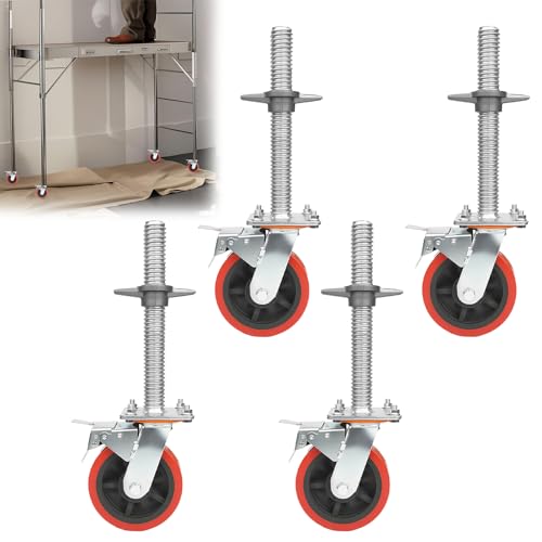 Noliven 4 Pack 6 Leveling Scaffolding Wheel 660 lbs Total Load Capacity 12 Hight Adjustable Heavy-Duty Scaffold Leveling Jacks 1-1/5 OD Scaffold Screw with Brake
