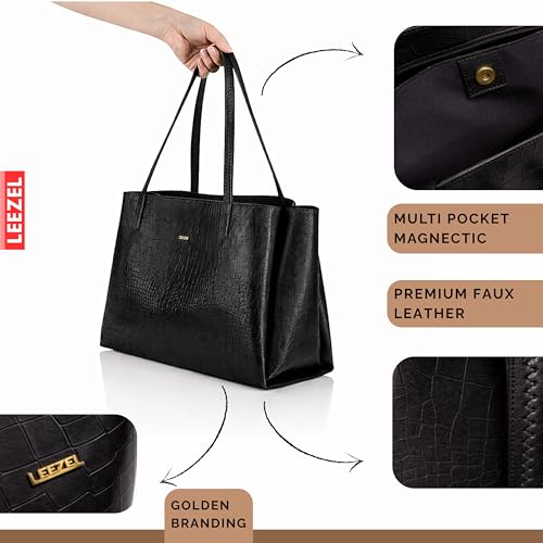 Image of LEEZEL Women's Structured Tote Bag - Large Capacity Work & Travel Purse Croco Pattern Vegan Leather Stylish Tote Bag Classic Everyday Shoulder Bag