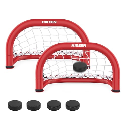 BOOSTEADY Mini-Hockeytor, 2 Stück 35×20 cm Eishockey Tor bietet robustem Eisenrahmen, Nylonnetz und 4 Pucks für Hockey Training