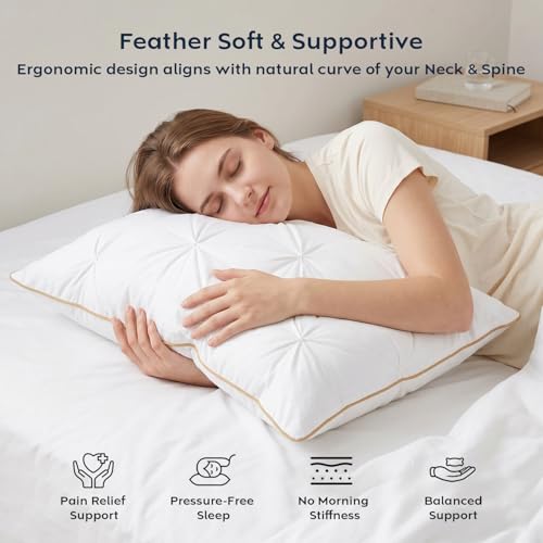 Image of AYKA Premium Microfiber Pinch Pleat Pillow for Sleeping | Super Soft & Fluffy Bed Pillow | 100% Virgin Microfiber Filling | Ideal for All Sleeping Positions 17x27 | White | Set of 4