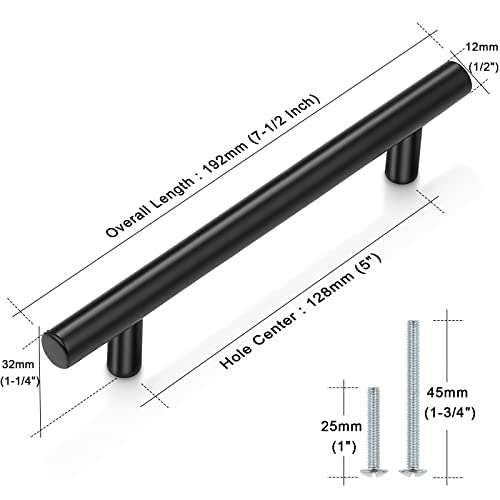 Image of Probrico 20 Pack| 5 inch Hole Centers Black Kitchen Cabinet Handles Stainless Steel Drawer Pulls Euro T Bar Dresser Handles