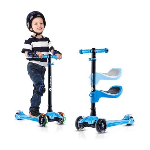 Image of LaScoota 2-in-1 Kids Kick Scooter, Adjustable Height Handlebars and Removable Seat, 3 LED Lighted Wheels and Anti-Slip Deck, for Boys & Girls Aged 3-12 and up to 100 Lbs.