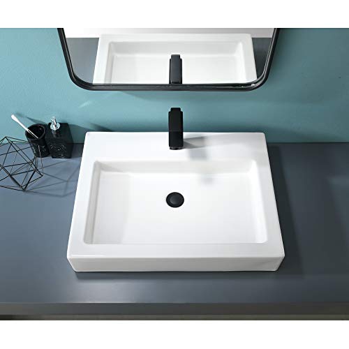 VALISY 25”x19” Inch Modern Above Counter Porcelain Ceramic White Rectangle Bathroom Vessel Sink, Vanity Lavatory Bath Countertop Art Basin Sinks with Single Faucet Hole