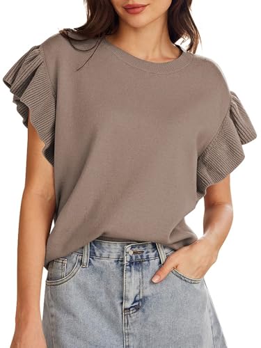 Pink Queen Women's Crew Neck Ruffle Edge Sleeves Loose Oversized Knit Pullover Sweater Jumper Tops Summer Fall Winter