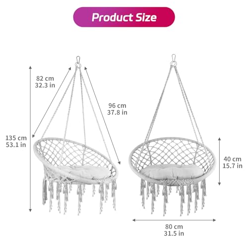 Hammock Hanging Chair, Hanging Cotton Rope Swing Chairs with Cushion and Hardware Kits, Bohemian Hammock Chair with Tassels Hanging Swing Chair for Outdoor Bedroom Patio Garden, 330 Lbs (2PCS Grey)
