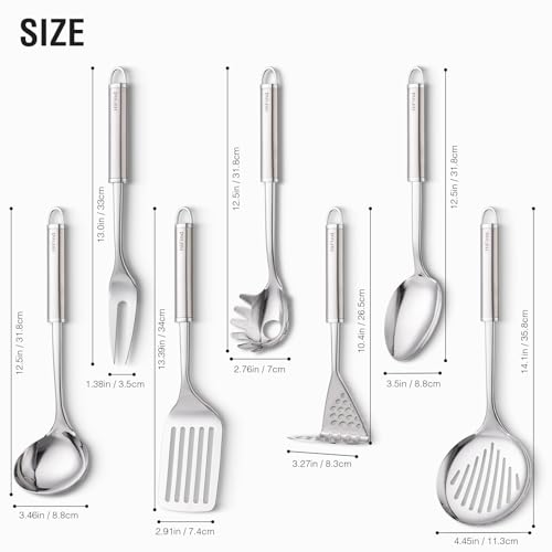 Stainless Steel Cooking Utensils Set, HIFIND 7PCS Kitchen Utensils Set, Heat Resistant Handle Utensils Set Included Ladle, Meat Fork, Slotted Spatula, Pasta Fork, Masher, Solid Spoon, Skimmer Spoon - Image 3