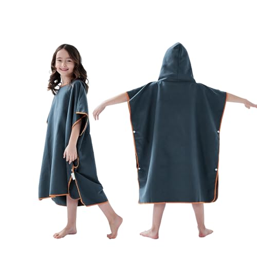 jooeer Hooded Kids Swim Towel Poncho Microfibre Beach Changing Towel for Girls Boys Pool Swimming Surfing Bathing Fast Dry Children Bathrobe, Navy Blue