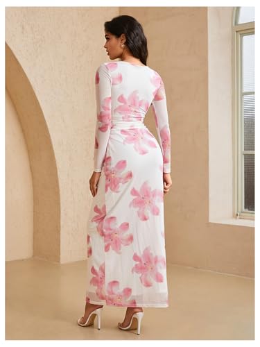 Image of Milumia Women's Floral Print Sheer Dress Crew Neck Long Sleeve Bodycon Maxi Dresses
