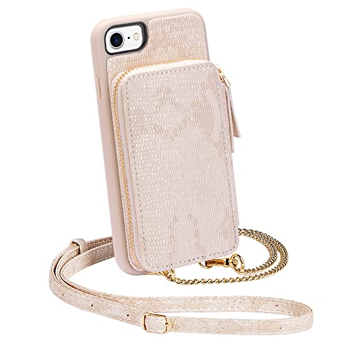 Iphone Se 2022 Wallet Case, Iphone 8 Crossbody Case, Zvedeng Zipper Wallet Card Holder Crossbody Strap Case Shockproof Leather Purse Case For Iphone Se 3Rd Gen (2022) 2020/8/7 4.7'' Lizard Skin Beige #TOP9