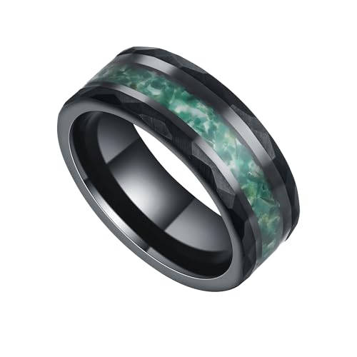 Hammered 8mm Black Gold Plated Tungsten Mens Wedding Bands Ring with Amethyst/Moss Agate/Emerald/Citrine/Aquamarine Option, Gothic Birthstone Tungsten Carbide Unique Daily Wear Promise Rings for Him Size 7-14