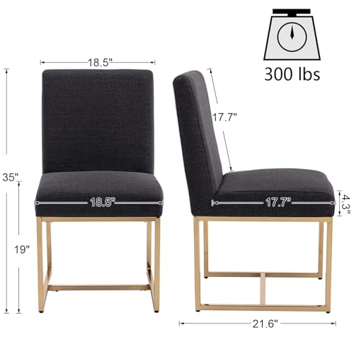 Image of HNY Modern Dining Chairs Set of 2, Upholstered Linen Dining Room Chairs with Ergonomic Back & Polished Gold Metal Frame for Home, Kitchen, Apartment, Charcoal Black