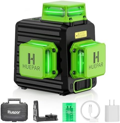 HUEPAR Laser Level 360 Self Leveling, Rechargeable 3D High Brightness Green Laser 3x360° Best Laser Leveler Tool for Construction and Picture Hanging, Strong Magnetic Bracket & Hard Suitcase -B03CG