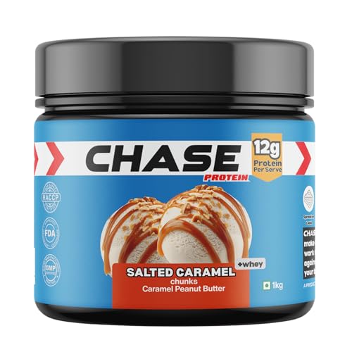 Image of Chase High Protein Peanut Butter Creamy 1kg | With Isolate Whey & 300g Protein in Jar | 12g Per Serve | Salted Caramel Flavour with Chunks | Healthy Nut Butter Spread for Breakfast, Fitness, Gym