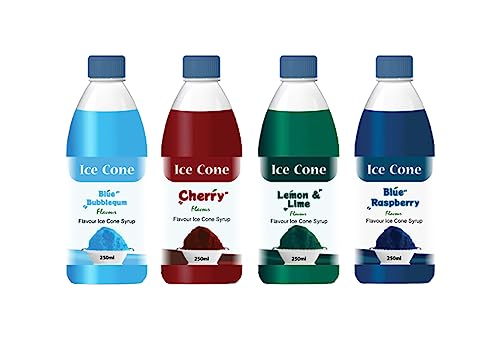 Jarabe para Cono de Hielo, Jarabes de Sabores Populares Mixtos, se puede usar con All Slush| Slushie Machines Cereza, Chicle Azul, Limón y Lima, Frambuesa Azul Cada 250 ml (Paquete de 4)
