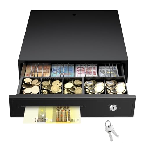 Kassenschublade, 37 x 33,5 x 8 cm Kassenlade Elektrisch mit 5 Münzfächer und 4 Scheinfächer, Kassenbox mit RJ12-Schnittstelle und Automatisches und Manuelles Öffnen für Privaten und Gewerblichen