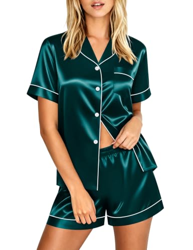 Image of LecGee Womens Silk Satin Pajamas Short Sleeve Loungewear Two-Piece Sleepwear Button-Down Pj Set