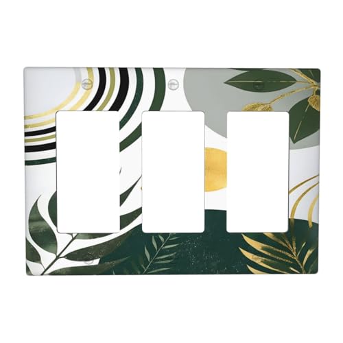 Decorative Outlet Covers Boho Green Leaves Bohemian Gold Sun 3 Gang Wall Plate Triple Rocker Light Switch Cover Plate Jumbo Electrical Gfci Faceplate for Bedroom Decor