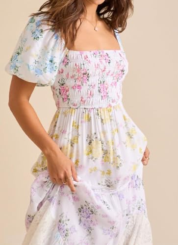 Womens Boho Floral Patchwork Maxi Dress Square Neck Smocked Puff Sleeve Lace Dresses Daytime Outfits4