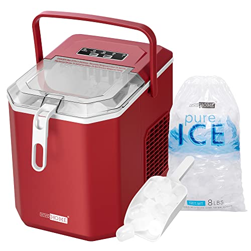 VIVOHOME Electric Portable Compact Countertop Automatic Ice Cube Maker Machine with Handle Hand Scoop 10 Ice Bags and Self Cleaning Function 26.5lbs/Day Red