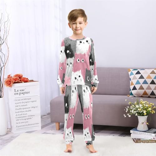 Long Sleeve Pajama Set for Girls Boys Kids,Cute Cats Kawaii Comfy Nightwear Soft Loungewear,Family Matching PJs Underwear Set 8T4