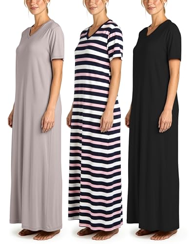 Image of Real Essentials 3 Pack: Women's Soft Maxi Long Nightshirt Short Sleeve Soft Nightgown Sleep Dress (Available in Plus Size)